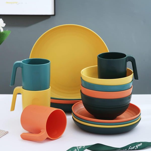 Plastic Dinnerware Set of 16 Pieces, Unbreakable And Reusable Light Weight Plates Mugs Bowls Dishes Easy to Carry And Clean Microwave Safe BPA Free Dishwasher Safe Service For 4 (Mutil Color)