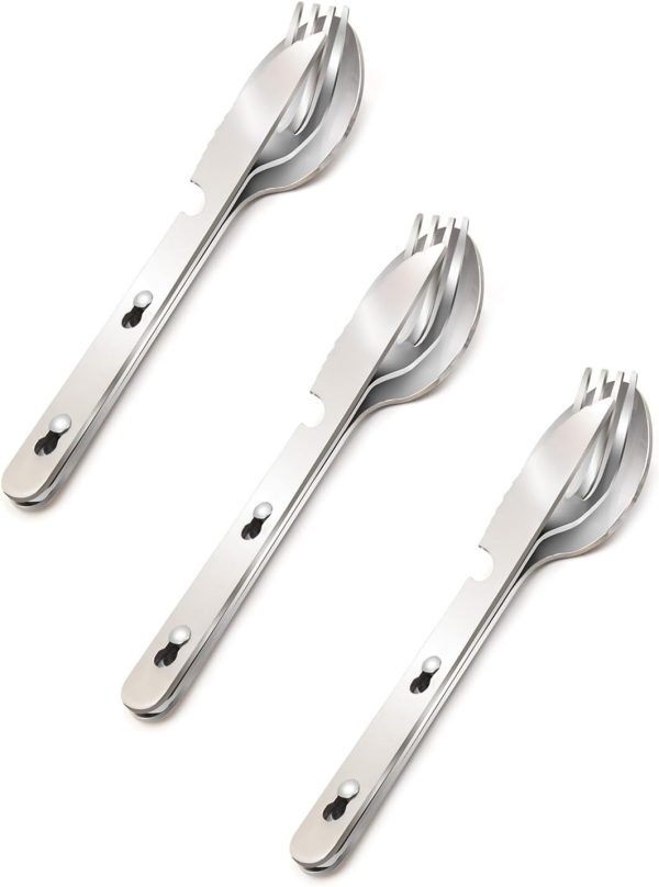 4-in-1 Camping Utensils 3-Pack, Portable Stainless Steel Spoon, Fork, Knife & Bottle Opener Combo Set, Travel/Camping/Hiking/Picnic/Barbecue/Outdoor Backpacking Utensils with Carrying Bag