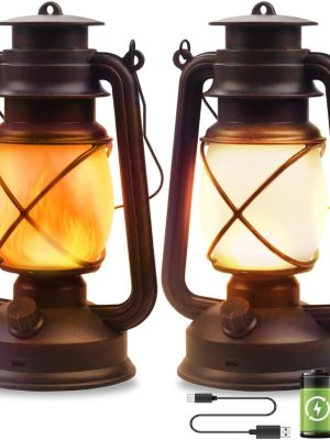 Lantern LED Battery Powered Camping Lamp Outdoor Hanging Lantern Flickering Flame Rechargeable Retro Lanterns Remote Control 4 Modes Light Non-Solar 2 Pack