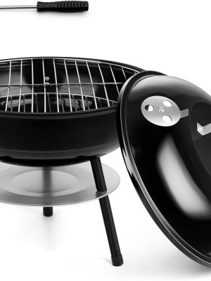 14 Inch Charcoal Grill, Small Black Enamel Outdoor BBQ Grill, Mini Flat Top Kettle Barbecue Grill with Screwdriver, Portable for Backyard Garden Camping Cooking Smoking, Dual Venting System