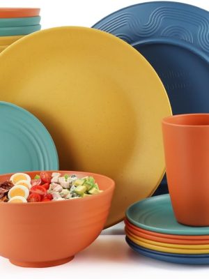 40-Piece Unbreakable Plastic Wheat Straw Dinnerware Set - Multi Color, 8-Person Dish Set for Dinner, Plates, Bowls, Cups & Appetizer Plates - Perfect for Outdoor Camping