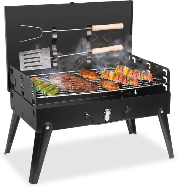 Portable Charcoal Grill - Adjustable Heights, Convenient Cover Design, Iron Construction - Ideal for Outdoor Cooking Adventures-Small Charcoal Grill, Camping Stuff, Foldable Grill