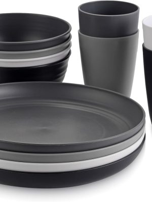 12pcs Unbreakable Camping Dinner Set, 4 Person Set, Reusable, Microwave & Dishwasher Safe, Modern Durability, White, Gray, Dark Gray, Black
