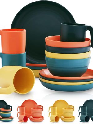 Plastic Dinnerware Set of 16 Pieces, Unbreakable And Reusable Light Weight Plates Mugs Bowls Dishes Easy to Carry And Clean Microwave Safe BPA Free Dishwasher Safe Service For 4 (Mutil Color)
