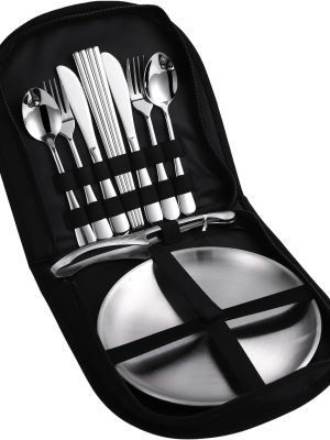 Stainless Steel Outdoor Camping Mess Kits - Includes Forks, Spoons, Knives, Chopsticks, Food Clip, Plates - Portable Cutlery Bag