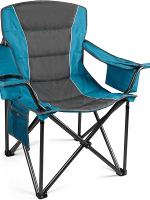 Oversized Folding Camping Chair, Outdoor Padded Camping Chair Support 300 LBS with Cup Holder and Cooler Bag, Portable Lawn Chair for Beach Picnic Sports, (Blue)