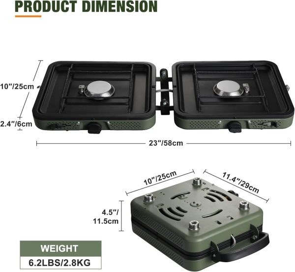 2 Burner Propane Camping Stove,Portable Folding Gas Stove for Camping with 17200 BTU,Two Adjustable Burners with Easy Carrying Handle&Inlet Gas Pipe,Outdoor Camp Stove for Camping Backpacking