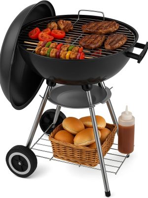 18 Inch Portable Charcoal Grill – Heavy-Duty Round BBQ Grill with Thickened Grilling Bowl, Sturdy with 4 Legs & Wheels for Small Outdoor Barbecue, Camping, Travel, Tailgating & Backyard Cooking