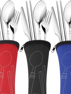3 Pack Reusable Flatware Sets Knife, Fork, Spoon, Chopsticks, 12Pcs Portable Travel Stainless Steel Tableware Dinnerware with Carrying Case