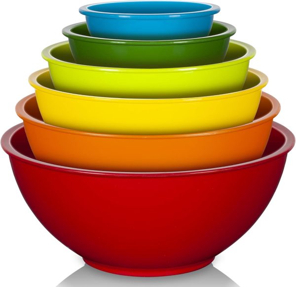 6 Piece Plastic Mixing Bowls Set, Colorful Serving Bowl for Kitchen, Ideal for Baking, Prepping and Cooking,Nesting Design for Space Saving Storage, Rainbow