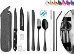Stainless Steel Portable Reusable Travel Utensils with Case - Flatware Cutlery Set, Chopsticks, Straw - Black
