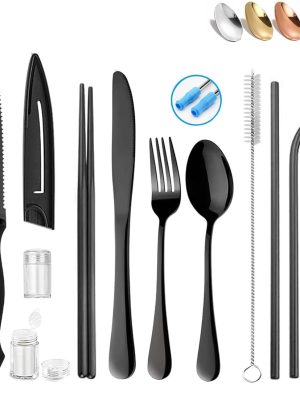 Stainless Steel Portable Reusable Travel Utensils with Case - Flatware Cutlery Set, Chopsticks, Straw - Black