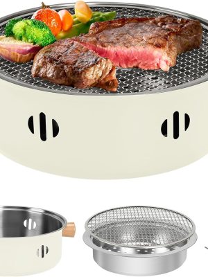 Portable Charcoal Barbecue Grill, 1pc Mini BBQ Grill Multifunctional Charcoal Grill Smokeless Round Tabletop Charcoal Grill for Indoor Outdoor Cooking Home Party Picnic Camping (Beige)