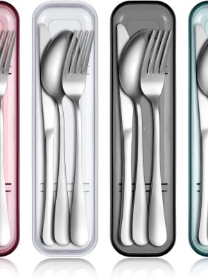4 Pack Portable Travel Utensils Set with Case Reusable Stainless Steel Silverware Flatware Camping Cutlery Include Fork Spoon Knife for Work School Dishwasher Safe(White, Green, Red, Black)