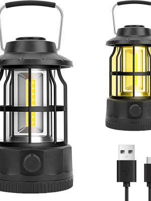 Camping Lantern Rechargeable USB Powered, Stepless Dimmer, Metal Retro Camping Light Waterproof Hanging LED Vintage Tent Lamp for Outdoor Hiking Fishing Emergency (Black)