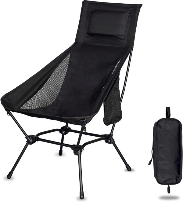 Backpacking Chair, Black Long Backrest with Neck Pillow, Lightweight Foldable Camp Chair, Portable Fully Cushioned Seat with Side Pocket, 330lbs Support for Hiking & Beach