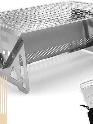 Mini Portable Camping Grill with Bamboo Stick/Storage bag, Small Assemblable Removable BBQ Grill Tabletop Fire Pit for Camping Patio Outdoor Stainless Steel Camping Grill Folding Barbecue Grills