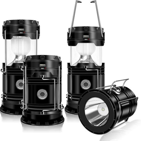4-Pack Solar Camping Lantern, Collapsible LED Solar USB Rechargeable Lantern Flashlight Emergency Hanging Lights for Camping Hurricanes Power Outages Indoor Outdoor