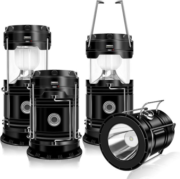4-Pack Solar Camping Lantern, Collapsible LED Solar USB Rechargeable Lantern Flashlight Emergency Hanging Lights for Camping Hurricanes Power Outages Indoor Outdoor