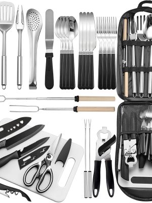 Portable Camping Kitchen Utensil Set-27 Piece Cookware Kit, Stainless Steel Outdoor Cooking and Grilling Utensil Organizer Travel Set Perfect for Travel, Picnics, RVs, Camping, BBQs, Parties and More