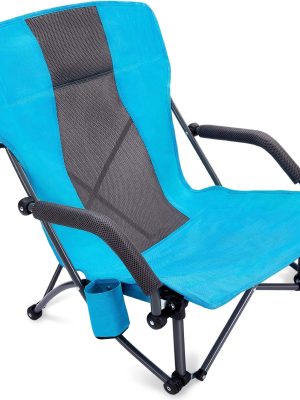 Low Sling Folding Beach Camping Chairs Compact Concert Lumbar Back Support with Carry Bag Blue