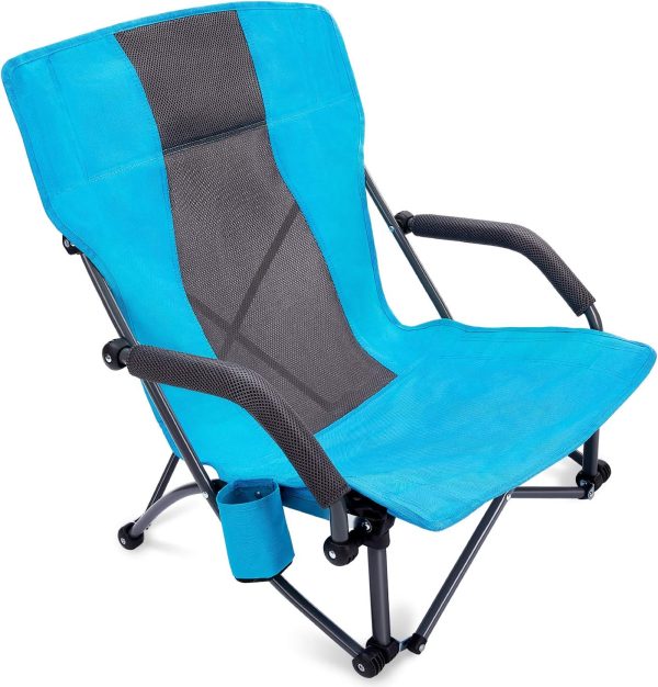 Low Sling Folding Beach Camping Chairs Compact Concert Lumbar Back Support with Carry Bag Blue