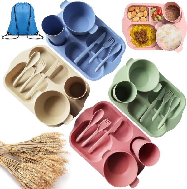 24 Pcs Wheat Straw Dinnerware Sets BPA Free Lightweight Bowl Reusable Dinner Plates Microwave Dishwasher Safe Cup Portable Spoon Knife Fork Dinnerware for Kids Aldult Home School Office Picnic Travel