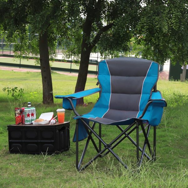 Oversized Folding Camping Chair, Outdoor Padded Camping Chair Support 300 LBS with Cup Holder and Cooler Bag, Portable Lawn Chair for Beach Picnic Sports, (Blue)